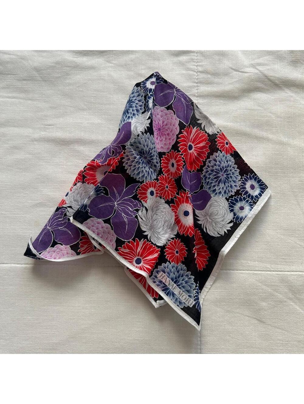 Black Floral Bandana Chrysanthemum Botanical Print Purple Red Scarf
